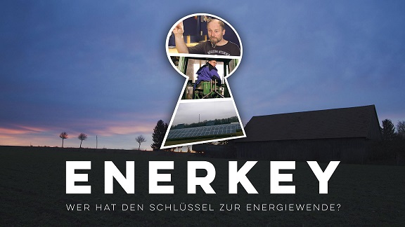 Schlüsselloch-Logo ENERKEY mit drei Innenbildern (Person, Technik/Solarpanel) über dem Schriftzug ENERKEY und Untertitel zur Energiewende.