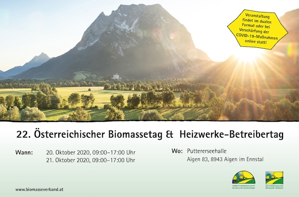 Landschaft mit Berg, Feldern und Sonnenlicht; rechts oben gelbes Schild mit Veranstaltungsinfos zum Biomassetag.