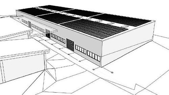 Linienzeichnung eines Industriegebäudes mit Solarmodulen auf dem Flachdach in perspektivischer Ansicht.