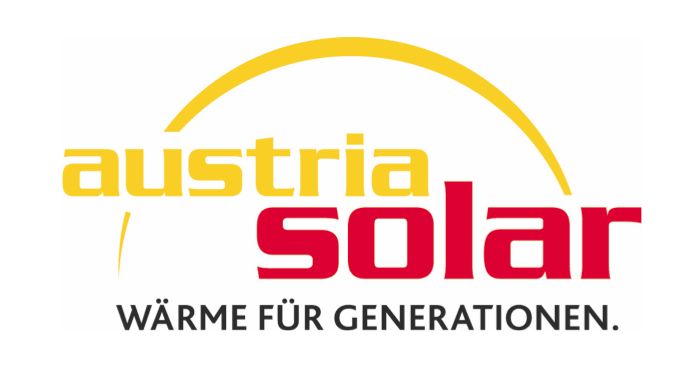 Austria Solar Logo mit gelbem Bogen, gelbem Schriftzug 'austria' und rotem Schriftzug 'solar', Slogan 'Wärme für Generationen'.