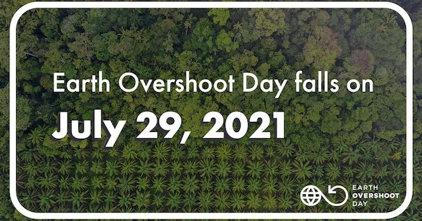 Infografik: Earth Overshoot Day fällt auf den 29. Juli 2021; Waldhintergrund mit Logos unten rechts.