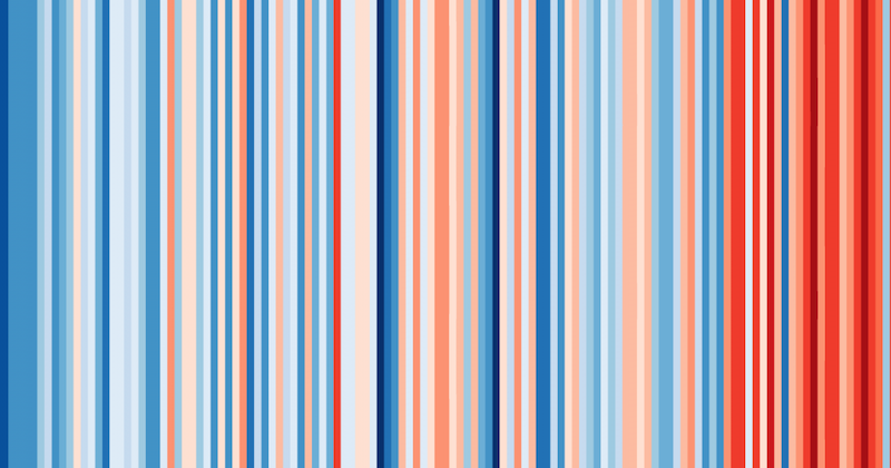 Senkrecht verlaufendes Streifenmuster aus blauen, pfirsichfarbenen und roten Streifen unterschiedlicher Breite.