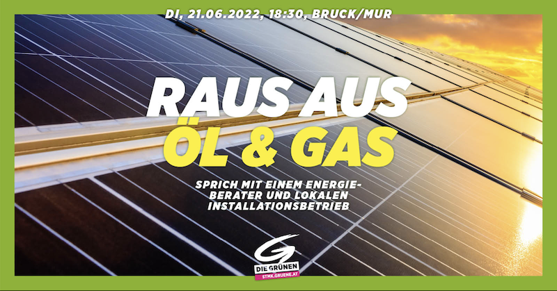 Plakat mit Solarpanels, Text 'RAUS AUS ÖL & GAS' und Hinweis auf Energieberatung und Installationsbetrieb; Logo Die Grünen.