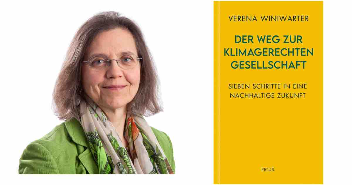 Porträt einer Person mit Brille und grünem Mantel neben gelbem Buchcover mit Titel Der Weg zur klimagerechten Gesellschaft von Verena Winiwarter.