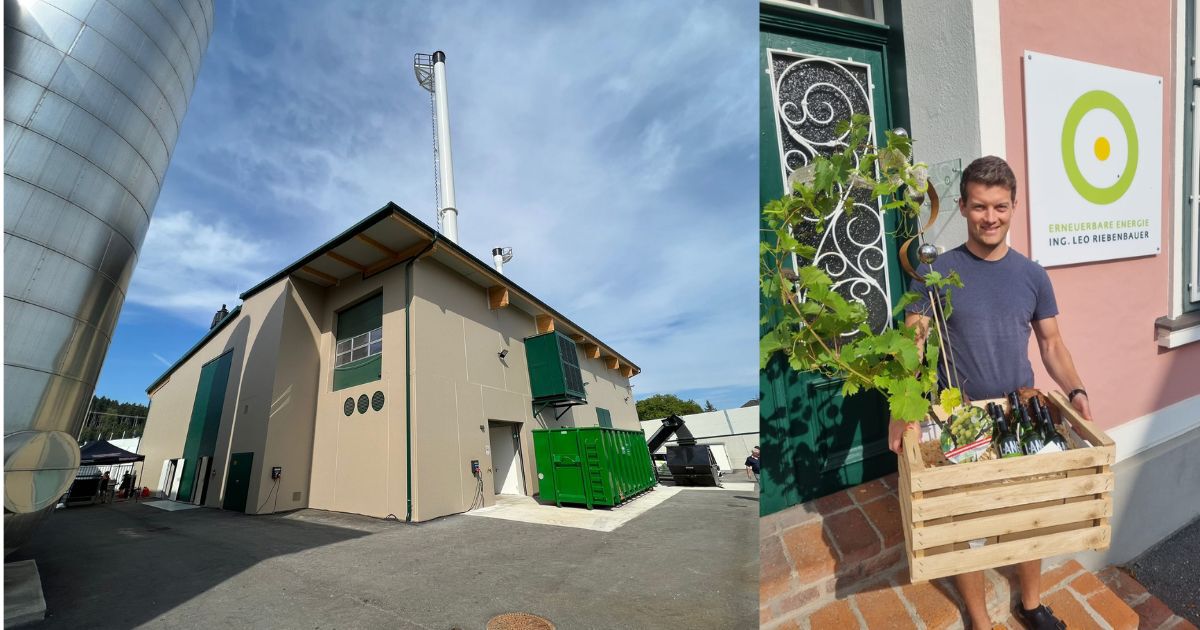 Industriegebäude mit Pufferspeichern und Containern; rechts eine Person vor dem Büro Riebenbauer mit Holzkasten mit Geschenken