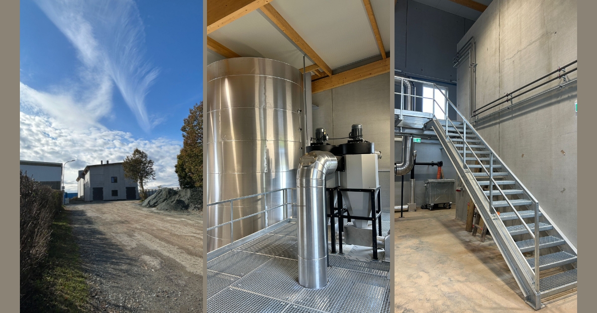 Außenbereich einer Industrieanlage mit Gebäuden, Zufahrt und blauem Himmel; Innenraum mit Großbehältern und Rohrleitungen; Metalltreppe, Betonwände einer Halle.