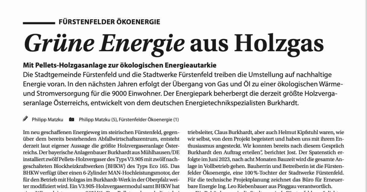 Zeitungsartikel: Grüne Energie aus Holzgas; Bericht über Pellet-Holzgasanlage und ökologische Energieunabhängigkeit in Fürstenfeld.