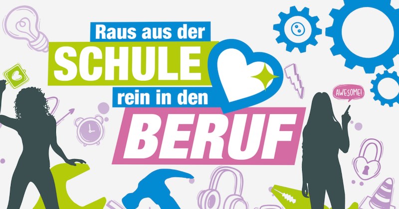 Farbenfrohes Motiv mit dem Text Raus aus der Schule rein in den Beruf, Silhouetten von Personen und blauen Zahnrädern als Symbole.