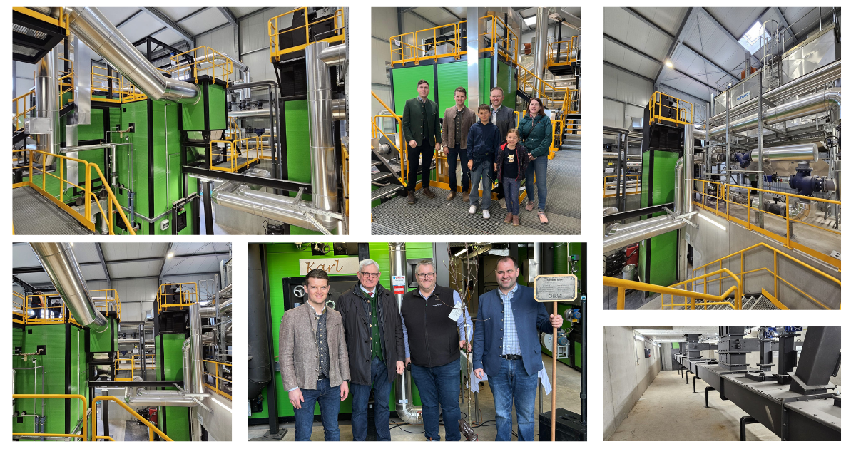 Gruppe von Personen vor einer Industrieanlage mit grünen Maschinen, gelben Geländern und Rohrleitungen.