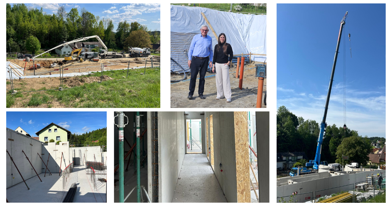 Bildcollage mit Baustellenaufnahmen: Bagger, Baugeräte, zwei Personen vor Plane, Kran, Innenkorridor und Betonbauteile.