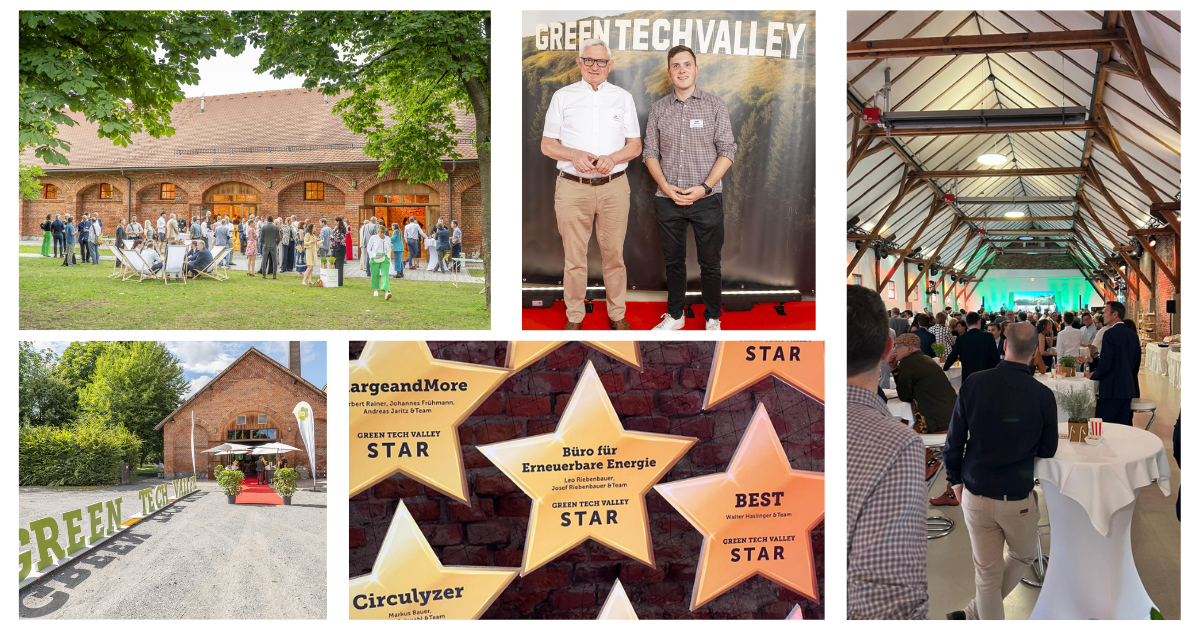 Collage einer Green Tech Valley-Veranstaltung: Outdoor-Gartenfest vor Backsteinbau, zwei Personen am Branding-Backdrop, Indoor-Halle mit Gästen.