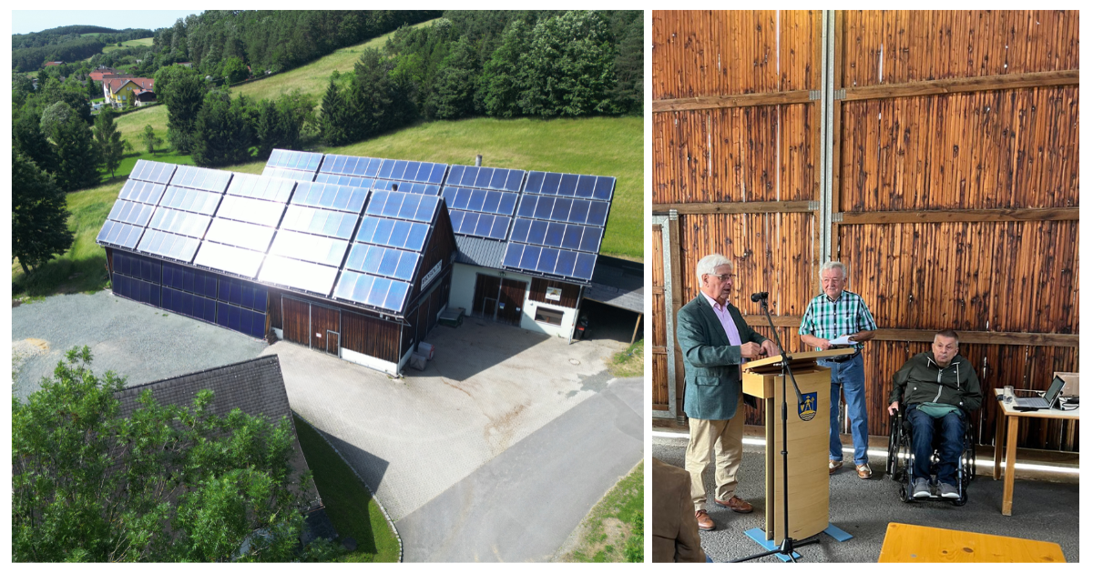 Zweibild: Solaranlage auf ländlichem Stall; daneben Holzhalle-Veranstaltung mit Podium, drei Personen, einer davon im Rollstuhl mit Laptop.
