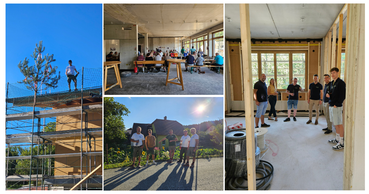 Collage aus Bau- und Gemeinschaftsszenen: Personen auf Gerüst, Gruppen in unfertigen Innenräumen und draußen vor Häusern.