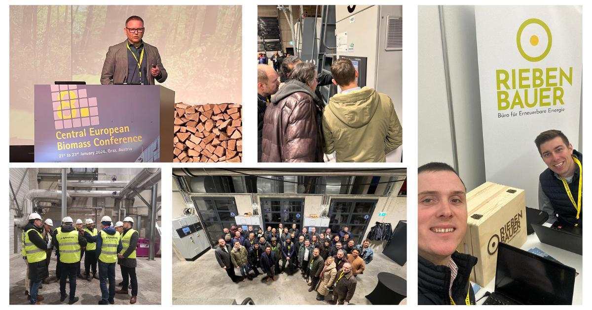Kollage von Fotos der Central European Biomass Conference: Vortrag, Industrieanlagen, Banner und Gruppenbild von Teilnehmenden.