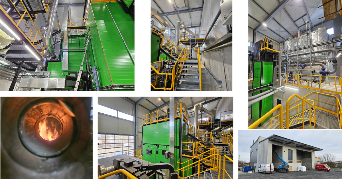 Industrieanlage mit grünem Maschinenblock, gelben Geländern und Treppen, Rohrleitungen und Brennkammer mit Flammen.