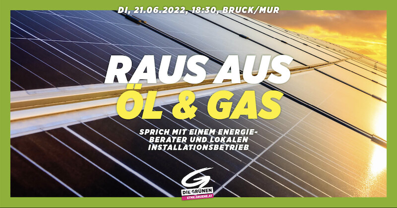 Plakat mit Solarpanels, Text 'RAUS AUS ÖL & GAS' und Hinweis auf Energieberatung und Installationsbetrieb; Logo Die Grünen.