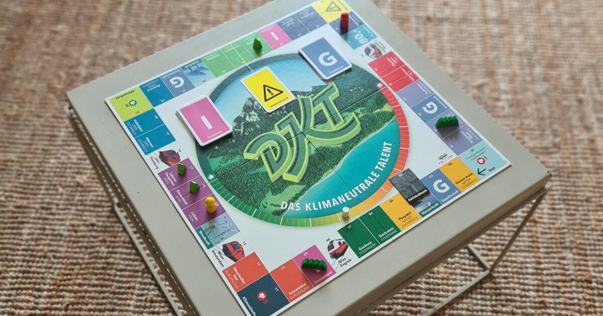 Brettspiel mit zentraler Kreisgrafik „DIX – Das Klimaneutrale Talent“, bunte Spielsteine, farbige Felder – auf einem Tisch platziert.