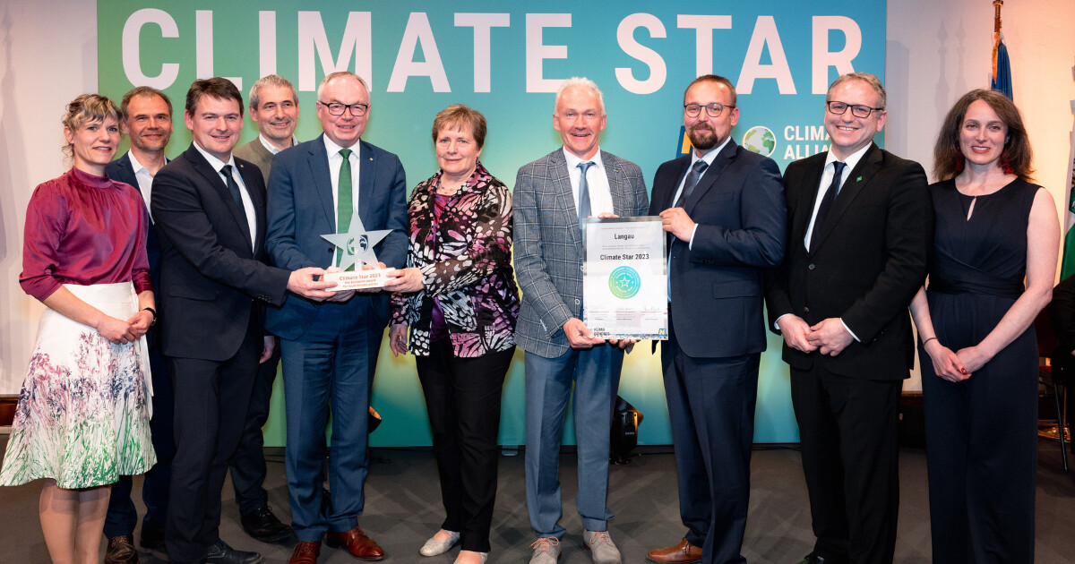 Gruppe von Personen in formeller Kleidung posiert mit Climate Star-Auszeichnung und Urkunde vor einem grün-blauen Banner mit dem Schriftzug Climate Star.