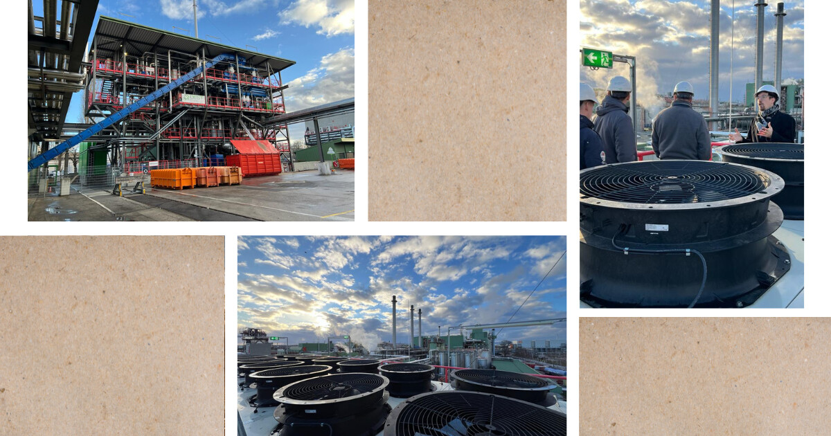 Industriekollage: Baustellenbau mit Gerüst, Baumaschinen, Personen mit Schutzhelmen, sowie große runde Lüfter vor wolkigem Himmel.