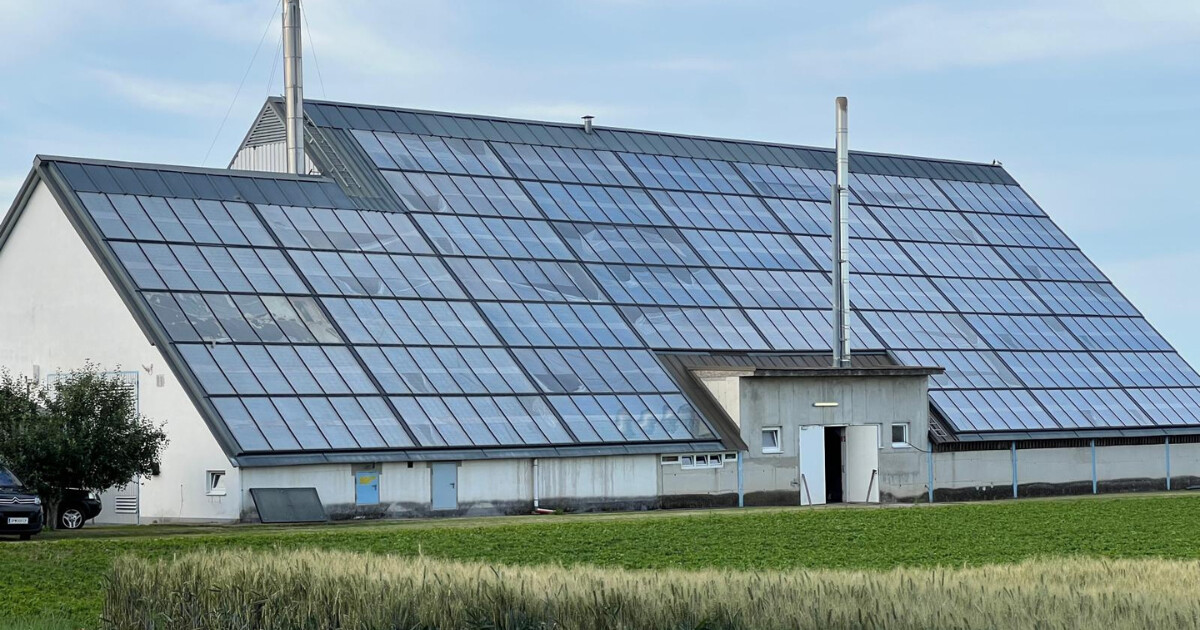 Großes Gebäude mit Satteldach, vollständig mit Solarmodulen bedeckt, Nebengebäude, Tür, grüne Wiese davor; links ein Auto.