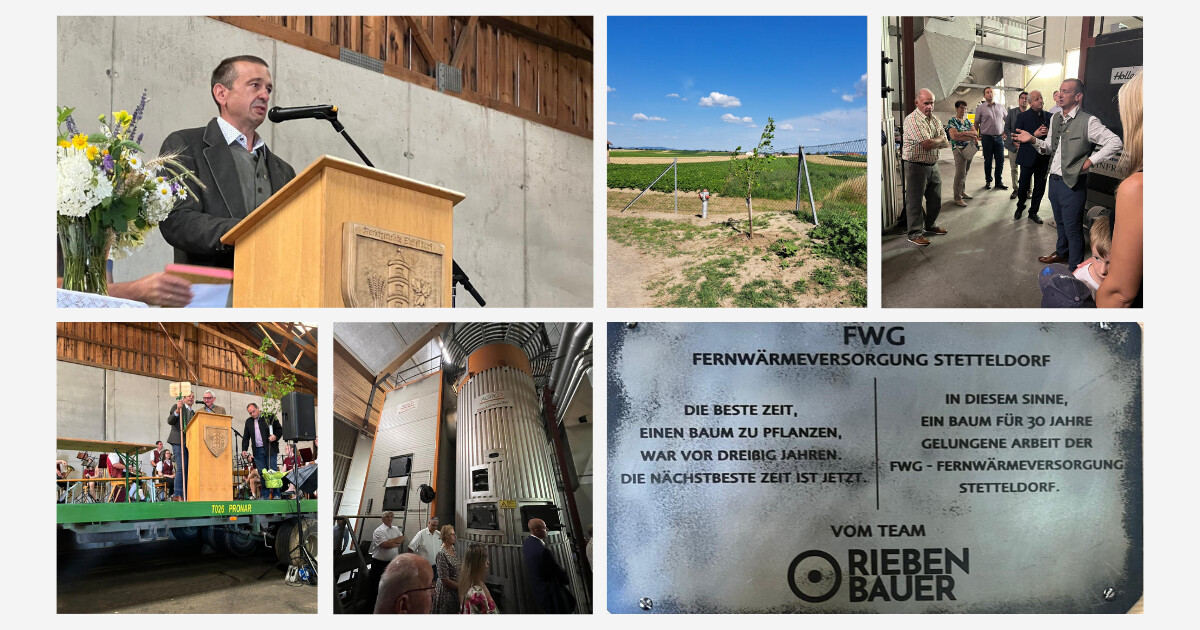 Sechs Aufnahmen einer Veranstaltung: Redner am Podium, Feld mit Zaun, Gruppenrunde in Halle, Wagen-Transport, Industrieanlage, Infotafel zur Fernwärmeversorgung.