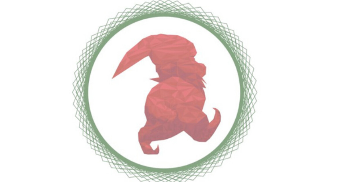 Polygonaler roter Ram mit Hörnern, in grünem Kreisrahmen mit geometrischem Muster.