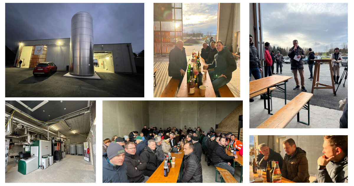 Collage aus Bildern: Gruppe von Personen bei einem Treffen in einer Industrieanlage; Außen mit Turm, Maschinen, Tische mit Getränken.