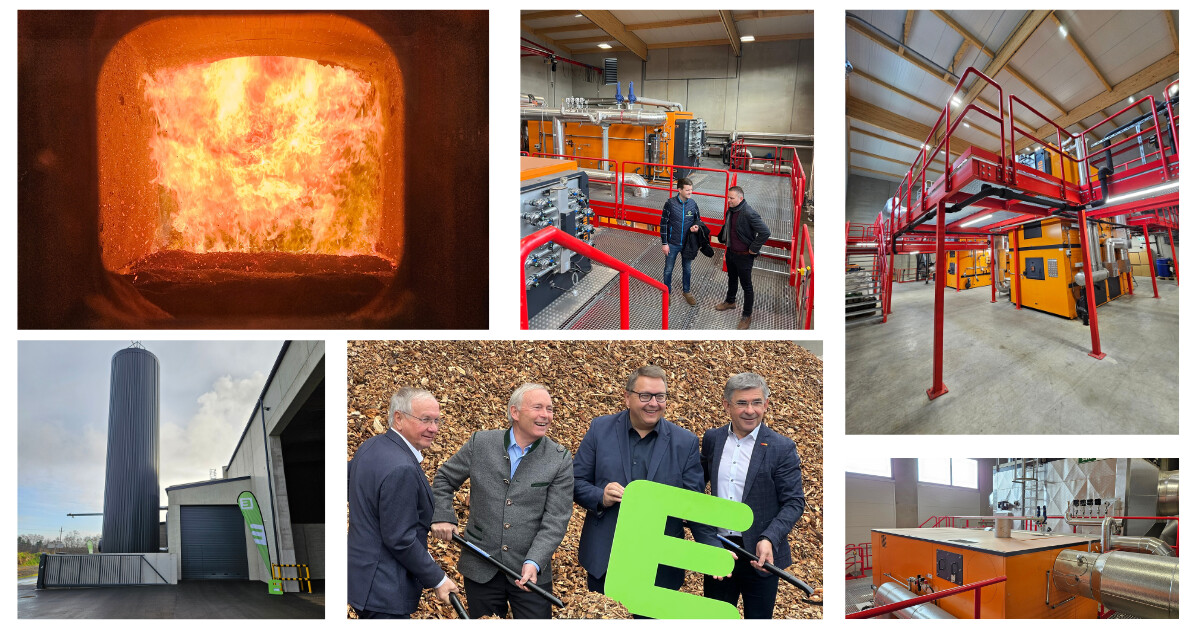 Bildcollage aus Industrieanlagen: brennender Ofen, zwei Personen in Anlage, rote Gerüste, Siloturm, vier Personen mit grünem Logo vor Hackschnitzeln, orange Maschinen.