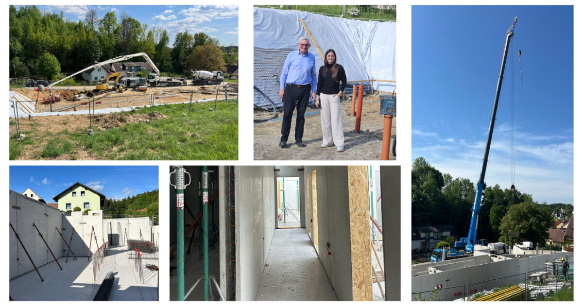 Bildcollage mit Baustellenaufnahmen: Bagger, Baugeräte, zwei Personen vor Plane, Kran, Innenkorridor und Betonbauteile.