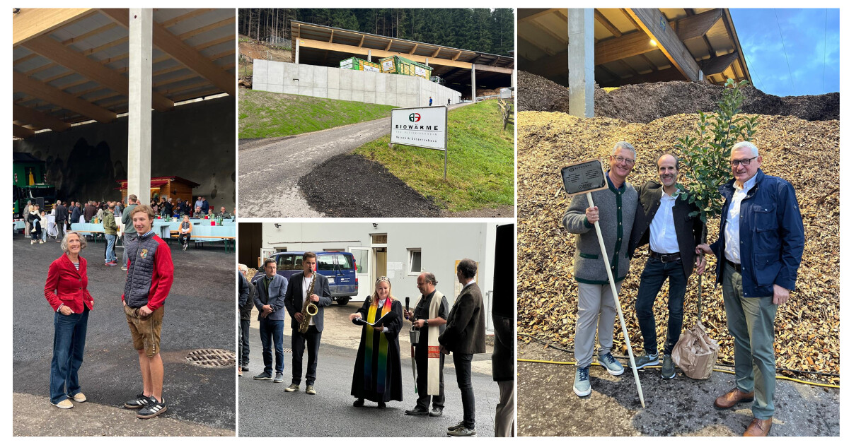 Collage aus vier Szenen: Festbetrieb, Baustellenschild Biowärme, Saxophonistengruppe und drei Personen pflanzen Baum auf Hackschnitzeln.