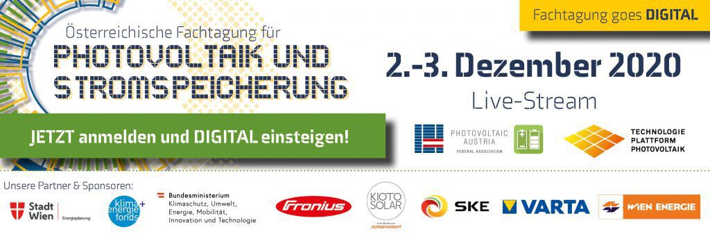Banner der österreichischen Fachtagung für Photovoltaik und Stromspeicherung, 2.–3. Dezember 2020, Live-Stream, Partnerlogos.