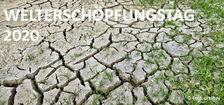 Rissige, trockene Erdoberfläche mit vereinzeltem Gras; Overlay-Text: WELTSCHÖPFUNGSTAG 2020.