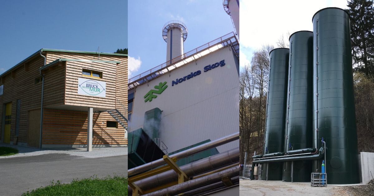 Dreiteiliges Industriebild: linkes Holzgebäude mit Schild, mittlere Fabrikfassade mit Norske Skog-Logo, rechts grüne Silotanks einer Anlage.