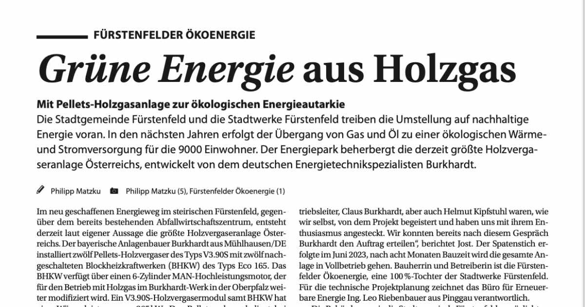 Zeitungsartikel: Grüne Energie aus Holzgas; Bericht über Pellet-Holzgasanlage und ökologische Energieunabhängigkeit in Fürstenfeld.