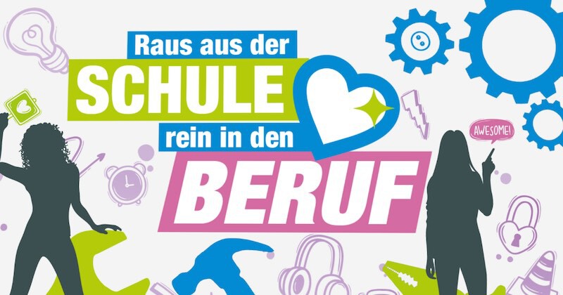 Farbenfrohes Motiv mit dem Text Raus aus der Schule rein in den Beruf, Silhouetten von Personen und blauen Zahnrädern als Symbole.