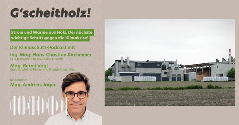 Zweigeteiltes Layout: Linkes Poster mit Porträt und grünem Klimaschutz-Text, rechts Industrieanlage auf Feld.