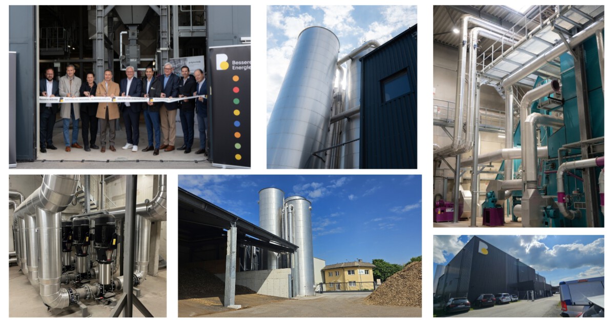 Gruppe von Personen bei einer Eröffnungsfeier vor einer Industrieanlage mit Pufferspeichern, Rohrleitungen und Technik - Außen- und Innenaufnahmen.