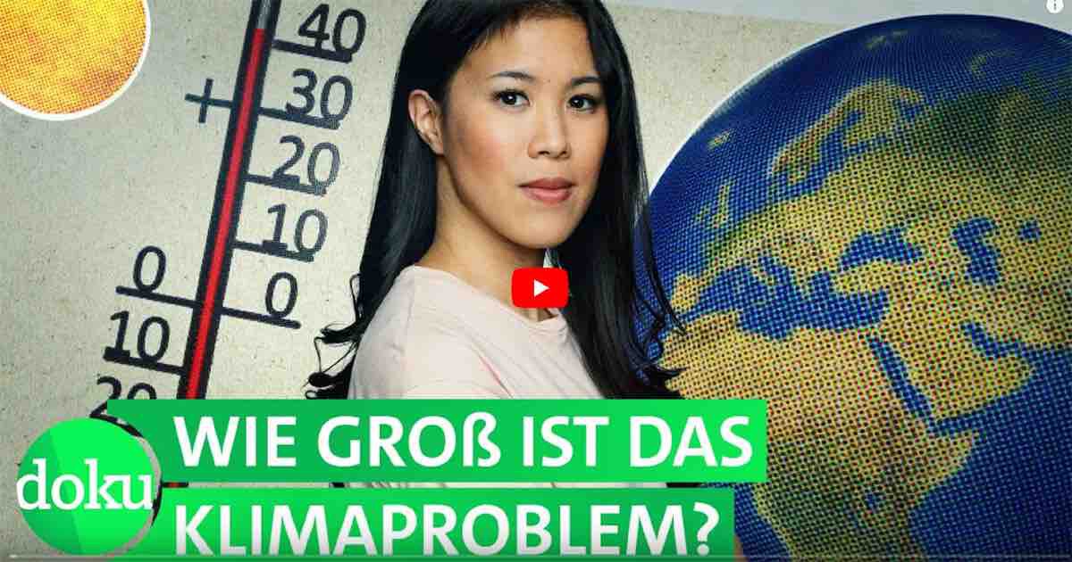 Eine Person vor Globus und Thermometer-Illustration, grüne Titelzeile: Wie groß ist das Klimaproblem?