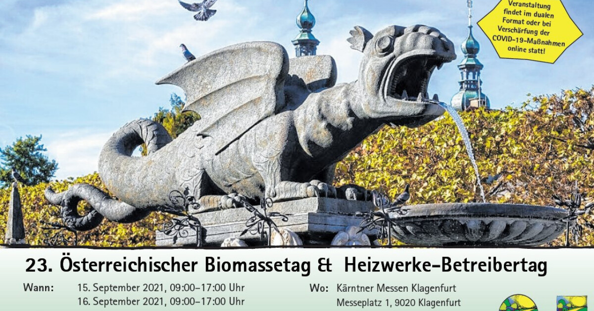 Steinern gestalteter Drachenbrunnen mit Wasserstrahl, umgeben von Herbstlaub; Info-Plakat zur Biomassetag & Heizwerke-Betriebetag.
