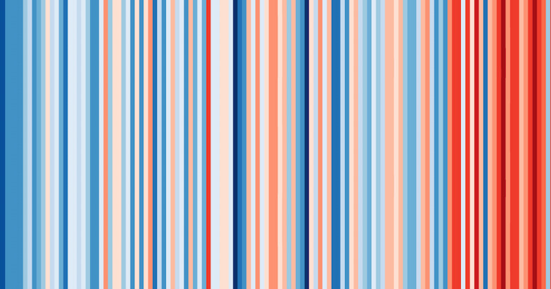 Senkrecht verlaufendes Streifenmuster aus blauen, pfirsichfarbenen und roten Streifen unterschiedlicher Breite.