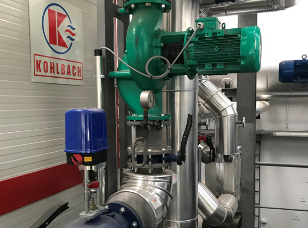 Industrielle Pumpen- und Rohrleitungsanlage mit grüner Kreiselpumpe, silbernen Rohren, blauem Antriebsmotor und Kohlbach-Logo.