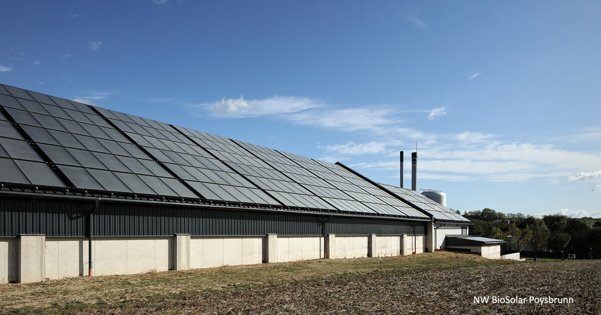 Langgestrecktes Gewerbegebäude mit Solarpanel-Dach, davor Feld; blauer Himmel, im Hintergrund Industrie-Schornsteine, NW BioSolar Poysbrunn